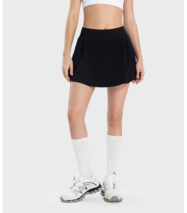 Pleated Slim Fit Yoga Short Culottes Women Faux Two Piece Anti-Exposure Water Cooling Exercise Skirt