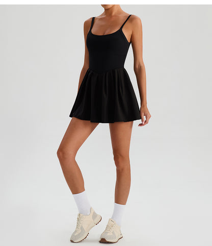 Sleeveless Sports Yoga Dress Fitness Faux Two Pieces Anti Wardrobe Malfunction Base Pockets Draped Dress Running Tennis Dress Women