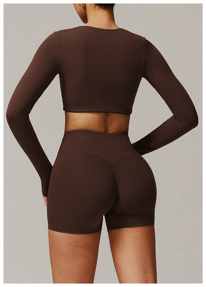 Sollinarry Tight Quick Drying Yoga Long Sleeved Women V neck Short Slimming Top Running Sports Fitness T shirt