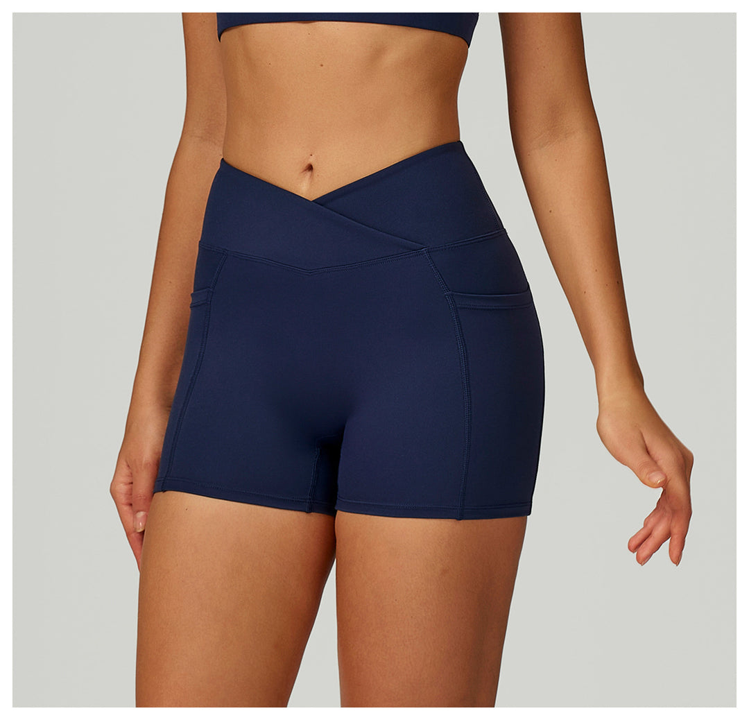 Sollinarry Nude Feel High Waist Yoga Shorts Cross Waist Skinny Yoga Pants Outdoor Running Cycling Sports