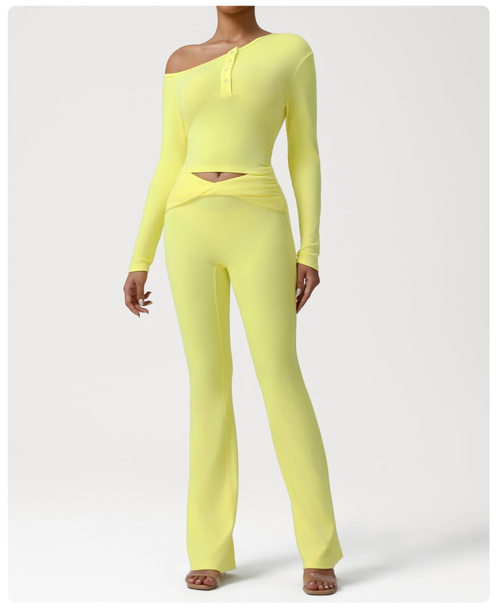 Autumn Oblique Shoulder Yoga Clothes Long Sleeved Top Women Cross High Waist Ruched Fitness Bootleg Pants Sports Set