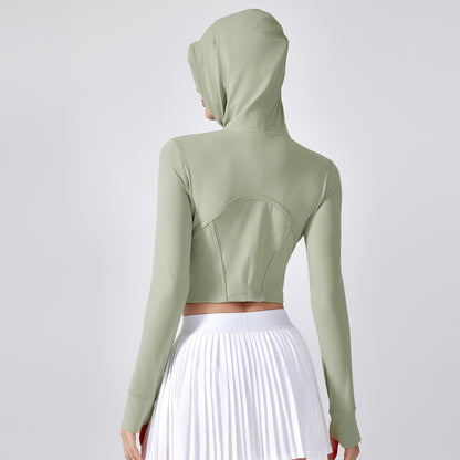 Outdoor Sports Workout Clothes Women Short Slim Fit Thin Yoga Wear Jacket Hooded Drawstring Coat