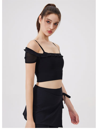 Sexy Lace Mesh Yoga Clothes Short Sleeve Running Quick Drying Sports Bra with Chest Pad One Piece Cup Workout Clothes