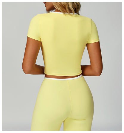 Sollinarry Contrast Color Binding Yoga Clothes Women V neck Slim Fit Yoga Jacket Outdoor Running Fitness Sports Top