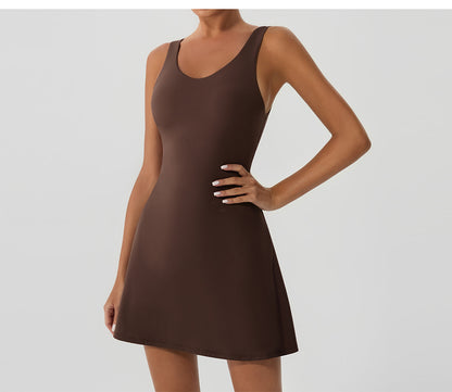 Indoor Outdoor Faux Two Piece Anti Exposure Tennis Dress High Elastic Belt Chest Pad Sports Outdoor Yoga Clothes Dress