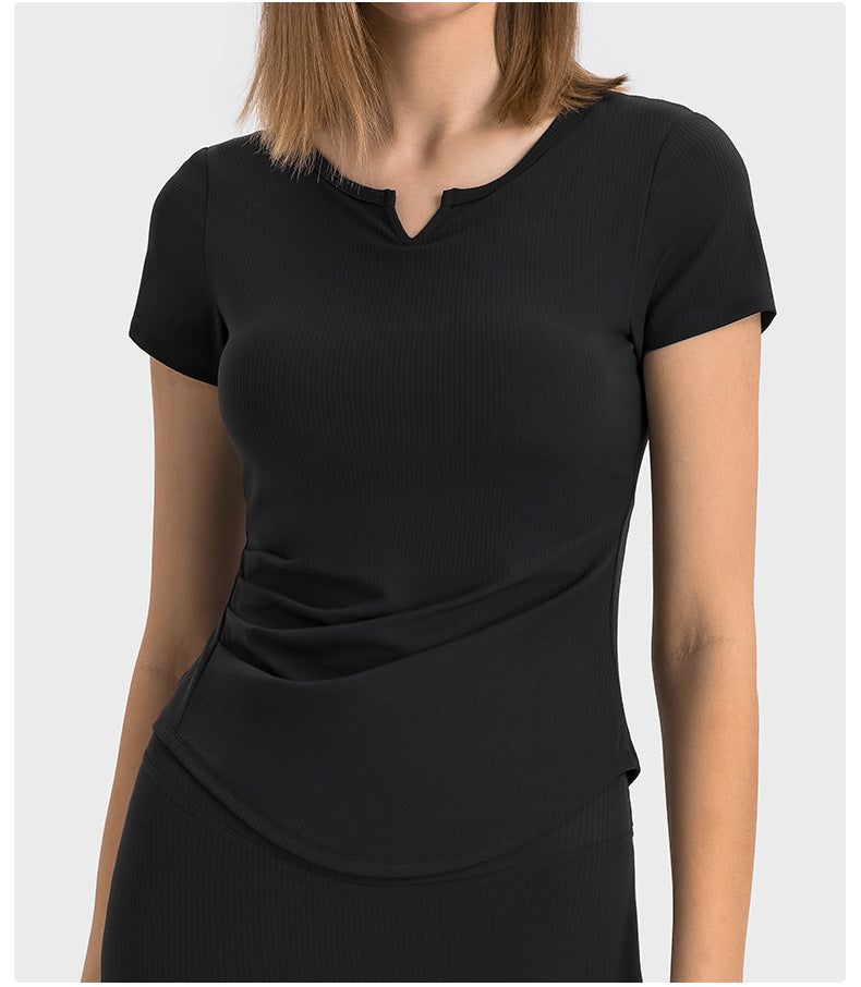 Stripe Rib Pleated Small V neck Sports Short Sleeve Women Fitness Running Slim Slimming Yoga Jacket