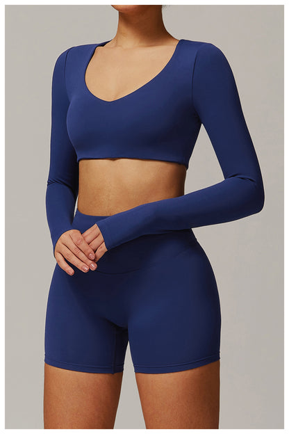 Sollinarry Tight Quick Drying Yoga Long Sleeved Women V neck Short Slimming Top Running Sports Fitness T shirt