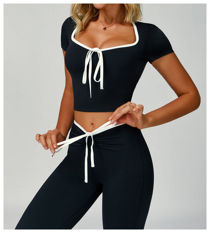 Sollinarry Contrast Color Binding Yoga Clothes Women V neck Slim Fit Yoga Jacket Outdoor Running Fitness Sports Top