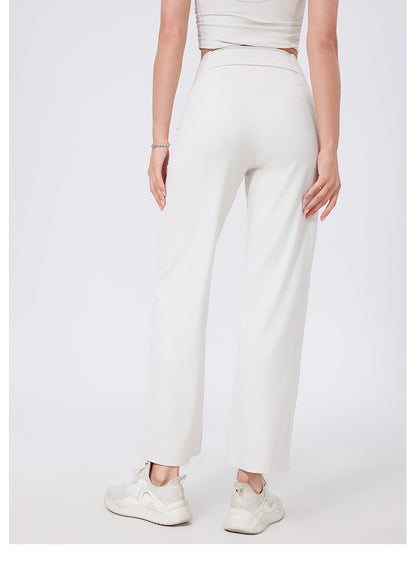 High Waist Belly Contracting Sports Loose Straight Leg Trousers Women Quick Drying Running Thin Fitness Pant Belt Pocket Nude Feel Yoga Pants