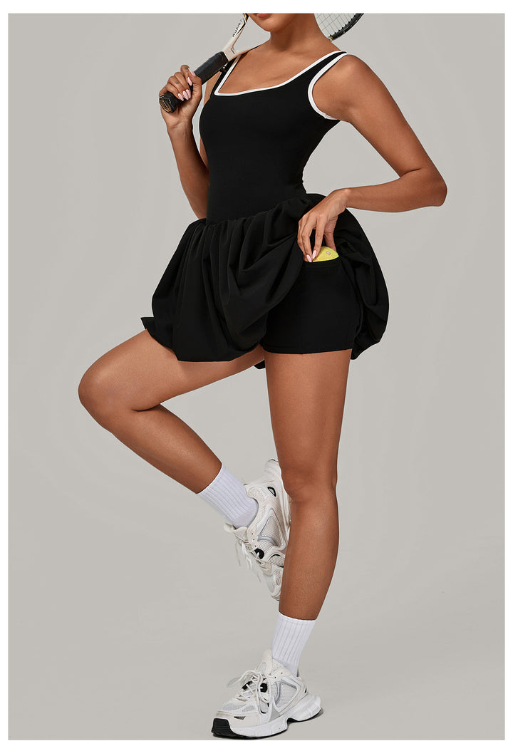 Contrast Color Nude Feel Faux Two Pieces Sports Dress Women Anti Exposure Bottoming Outdoor Running Fitness Tennis Dress