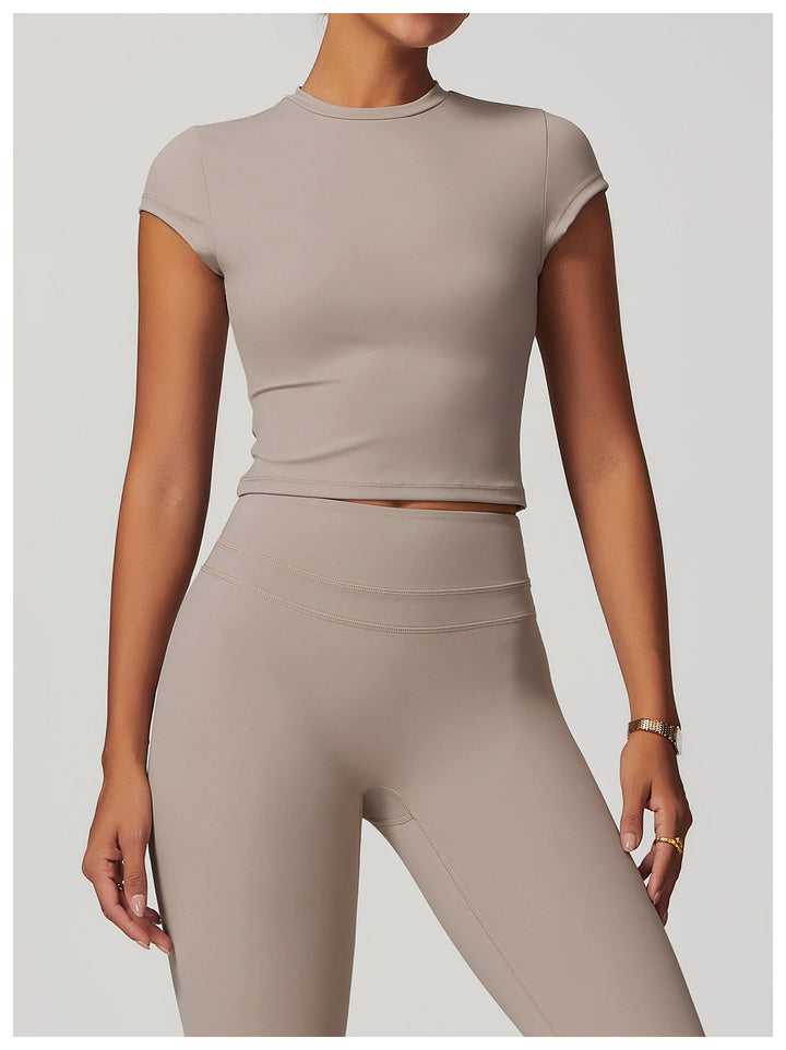 Sollinarry Exercise Yoga Clothes Women Brushed Tight Back Yoga Short Sleeve Running Workout T Shirt Top