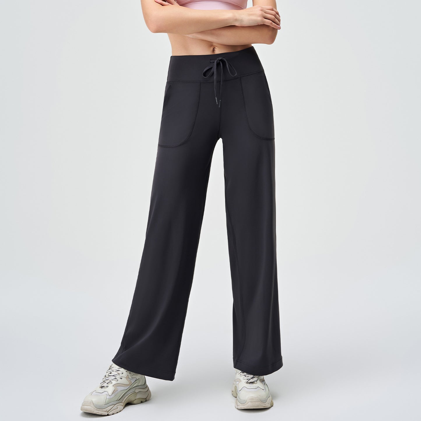 Spring Summer Micro Pull Yoga Pants Women High Waist Belly Contracting Outer Wear Hip Lifting Shaping Side Pocket Draping Wide Leg Pants