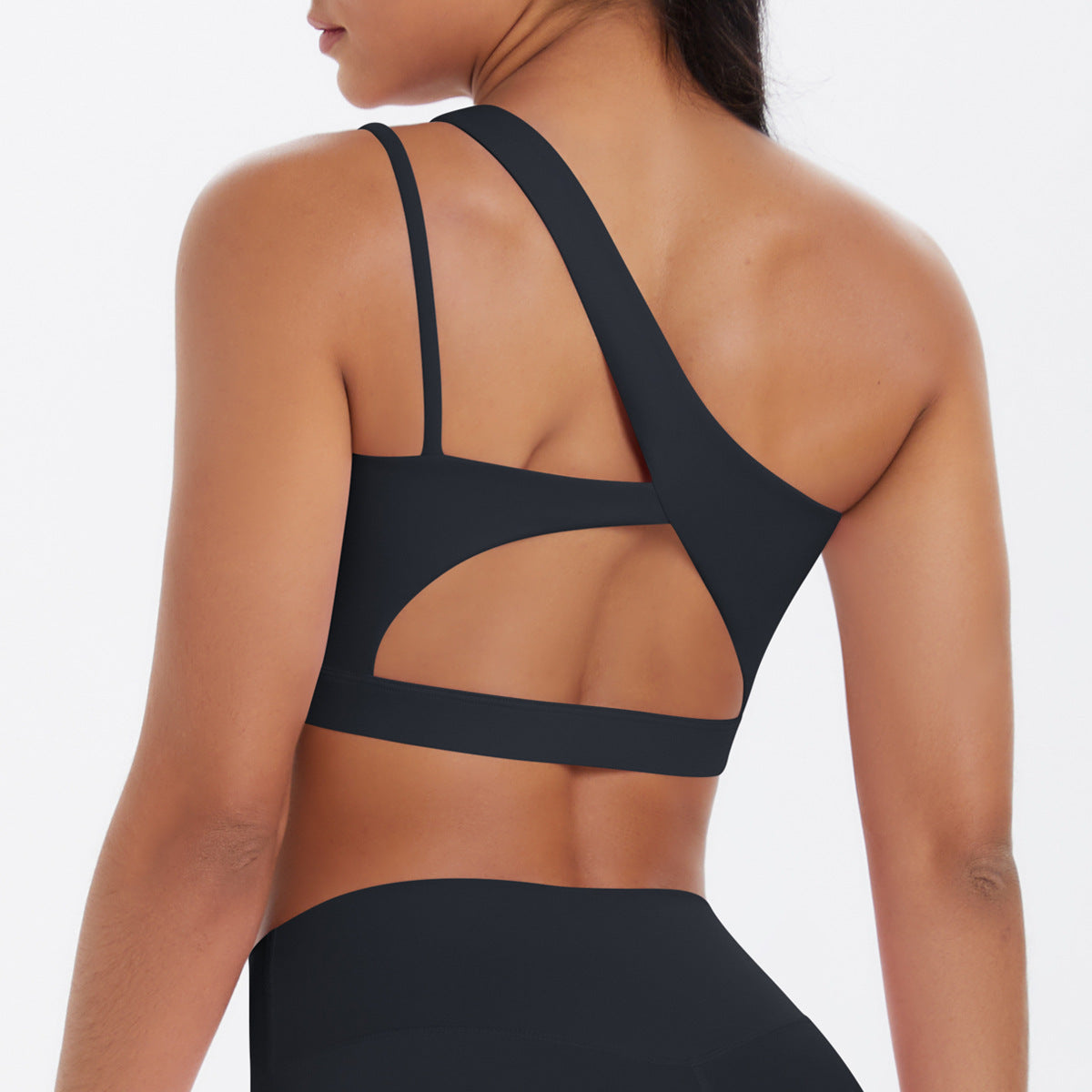 Solid Color One Shoulder Beauty Back Yoga Bra Nude Feel Push up Sports Bra Irregular Asymmetric Shoulder Strap Sports Vest for Women