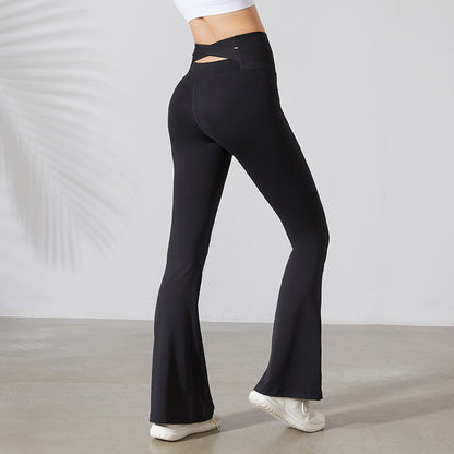 Nude Feel Stretch Sports Sports Yoga Bell Bottom Pants Women High Waist Peach Hip Lifting Fitness Contrast Color Cross Trousers