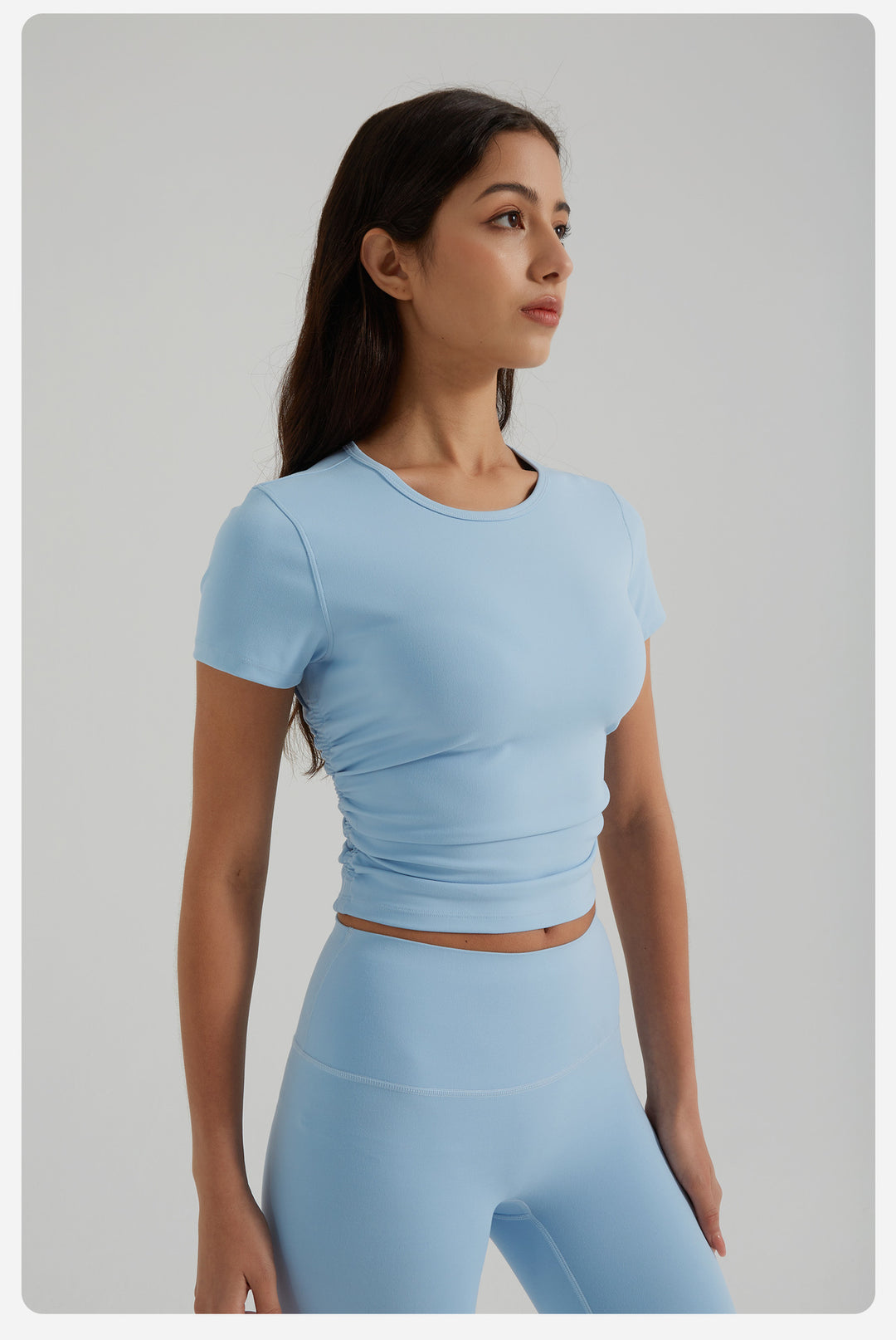 Nude Feel Yoga Clothes Women Slim Fit Pleating Stretchy Slim Fit Sports Yoga Short Sleeve Summer Breathable Workout Top