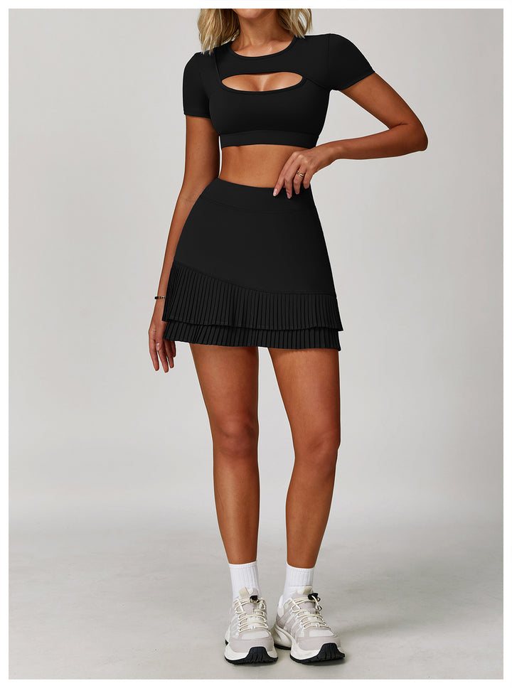 Sollinarry Sports Skirt Nude Feel High Waist Belly Wrap Pleated Skirt Anti Exposure Bottom Shorts Pocket Skirt