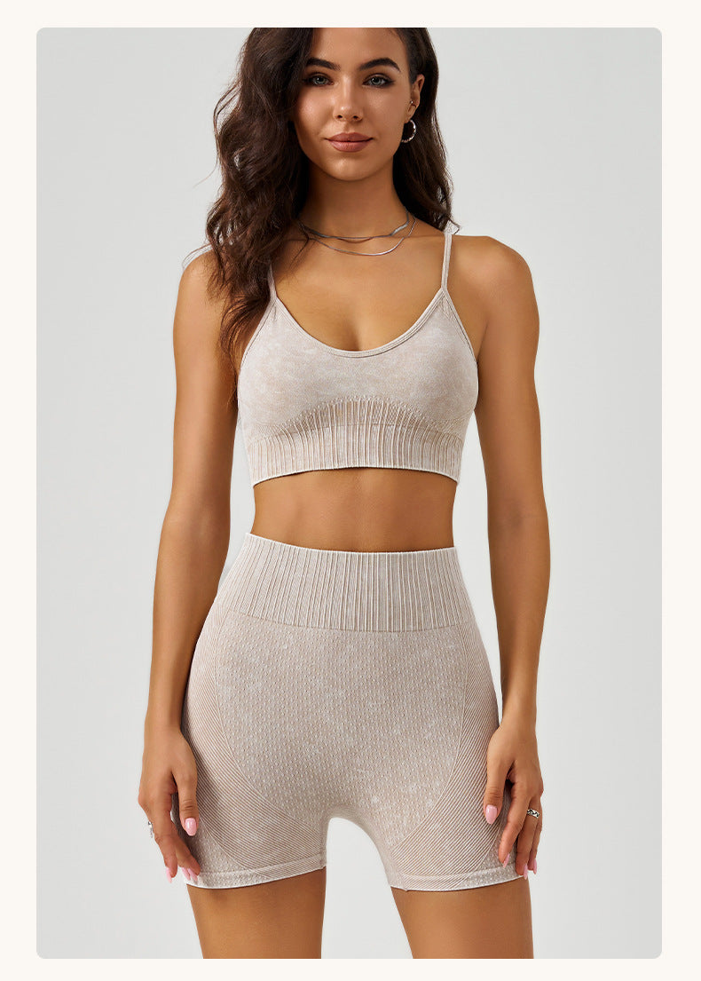 Frosted Exercise Yoga Clothes Suit Women High Waist Hip Lift Shorts Shockproof Bra Quick Drying Fitness Suit