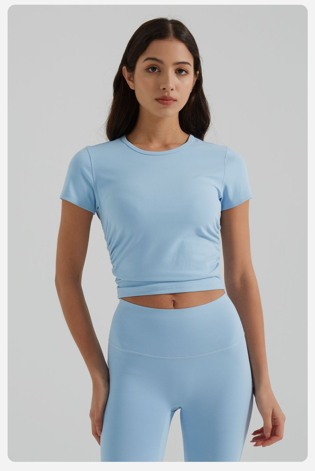Nude Feel Yoga Clothes Women Slim Fit Pleating Stretchy Slim Fit Sports Yoga Short Sleeve Summer Breathable Workout Top