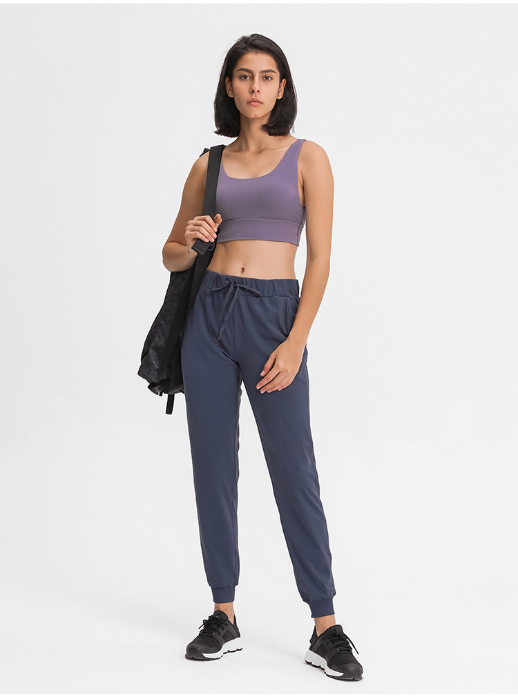 Spring Summer Elastic Lace-up Waist Yoga Pants Simple Straight Sports Casual Elastic Ankle-Tied Cropped Pants for Women