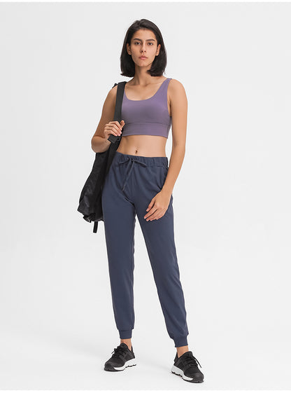 Spring Summer Elastic Lace-up Waist Yoga Pants Simple Straight Sports Casual Elastic Ankle-Tied Cropped Pants for Women