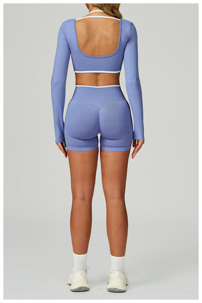 Yoga Long Sleeve Faux Two Piece Short Slim Fit Yoga T shirt Running Sports Workout Clothes