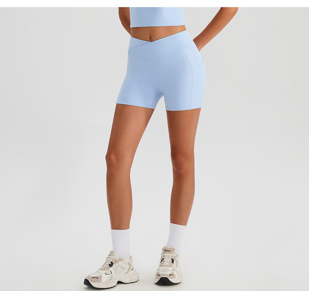 Summer Nude Feel Yoga Sports Shorts Outdoor Sports Fitness Cycling Bilateral Pockets Quick Drying Running Workout Shorts