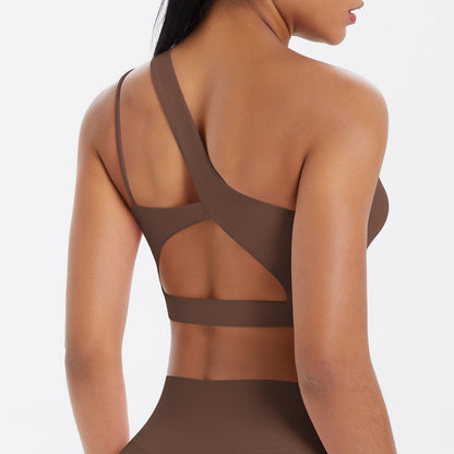 Solid Color One Shoulder Beauty Back Yoga Bra Nude Feel Push up Sports Bra Irregular Asymmetric Shoulder Strap Sports Vest for Women