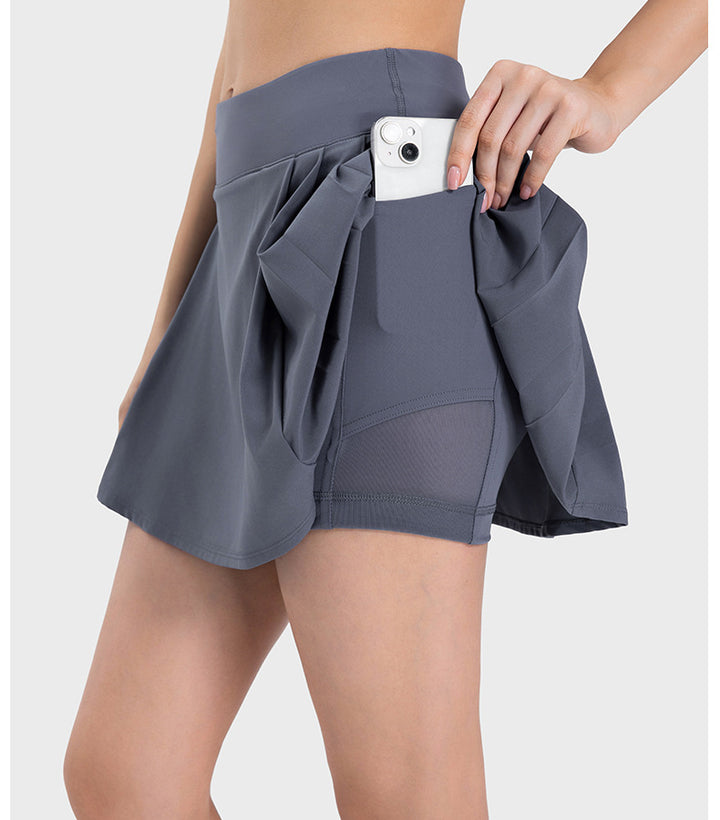 Pleated Slim Fit Yoga Short Culottes Women Faux Two Piece Anti-Exposure Water Cooling Exercise Skirt