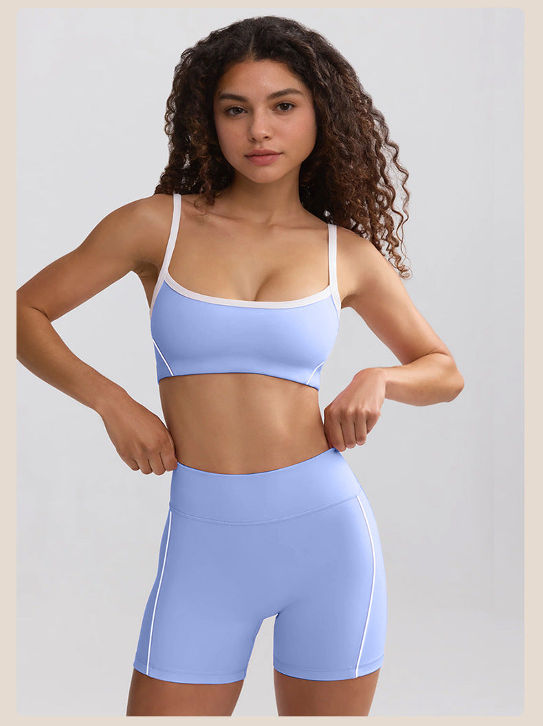 Spring Summer Yoga Clothes White Strap Shockproof High Strength High Waist Hip Lift Running Workout Shorts Sets