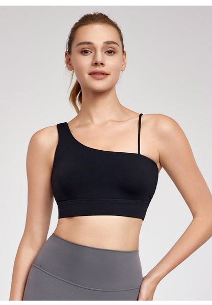 Oblique Shoulder Beauty Back Yoga Vest Women Chest Pad Solid Color Sexy All Matching Short Sports Fitness Top Outer Wear