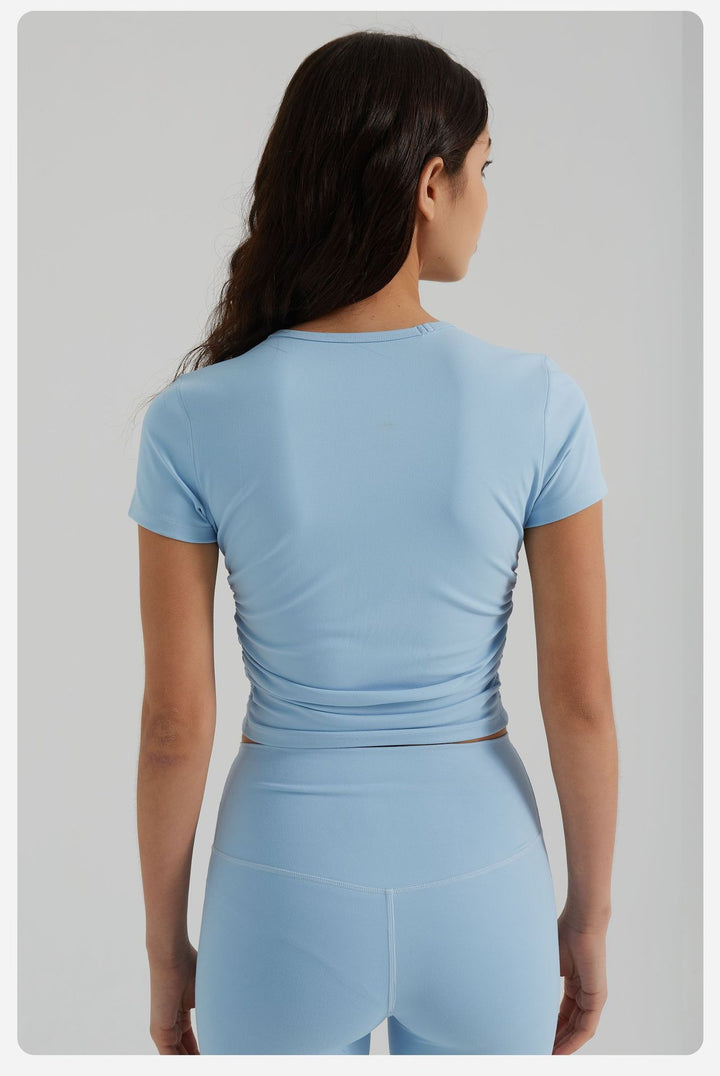 Nude Feel Yoga Clothes Women Slim Fit Pleating Stretchy Slim Fit Sports Yoga Short Sleeve Summer Breathable Workout Top