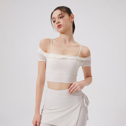 Sexy Lace Mesh Yoga Clothes Short Sleeve Running Quick Drying Sports Bra with Chest Pad One Piece Cup Workout Clothes