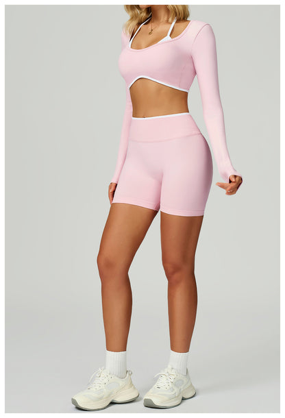 Yoga Long Sleeve Faux Two Piece Short Slim Fit Yoga T shirt Running Sports Workout Clothes