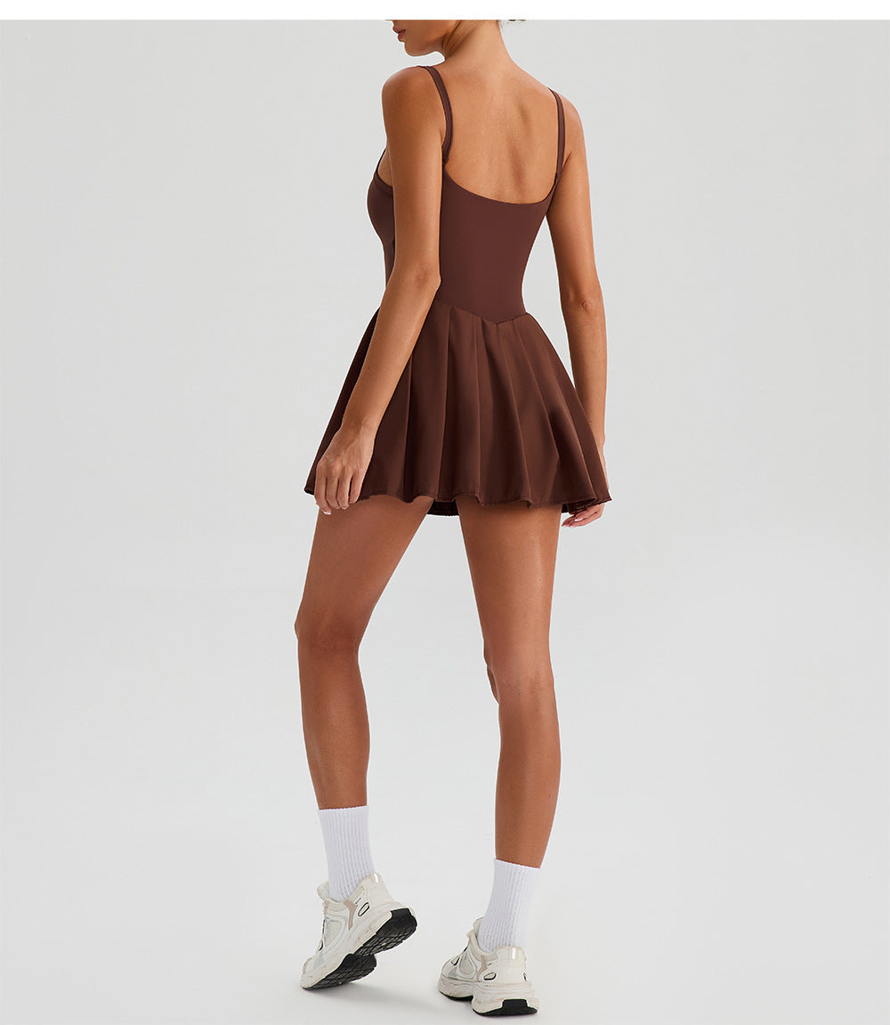 Sleeveless Sports Yoga Dress Fitness Faux Two Pieces Anti Wardrobe Malfunction Base Pockets Draped Dress Running Tennis Dress Women