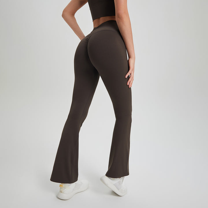Lycra High Waist Pleated Hip Lifting Anti Curling Nude Feel Yoga Pants Outer Wear Running Workout Pants Breathable Fitness Bell Bottom Pants