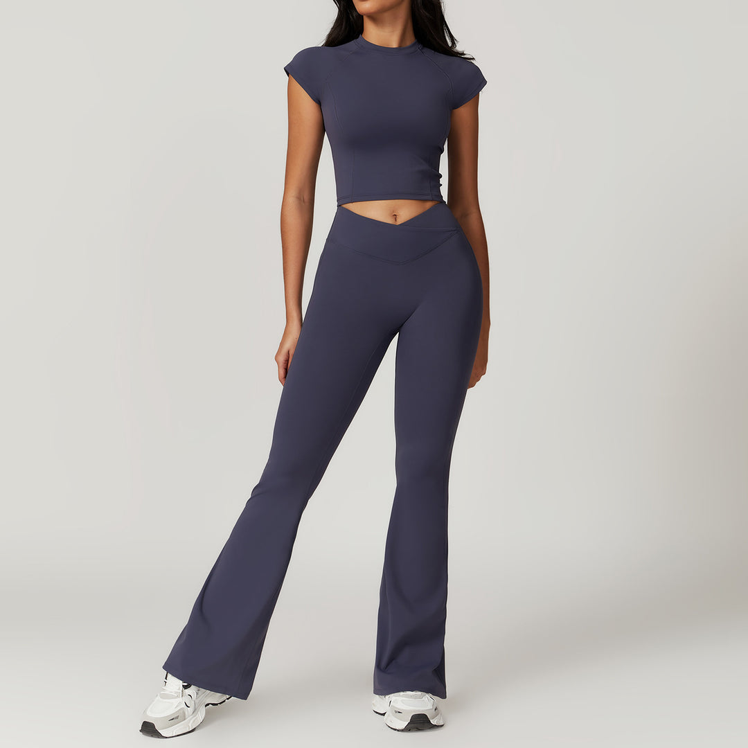 Short Sleeve Bell-Bottom Pants Blue Gray