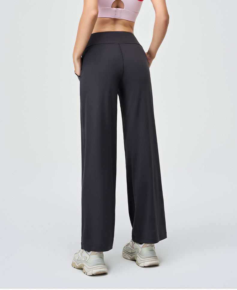 Spring Summer Micro Pull Yoga Pants Women High Waist Belly Contracting Outer Wear Hip Lifting Shaping Side Pocket Draping Wide Leg Pants