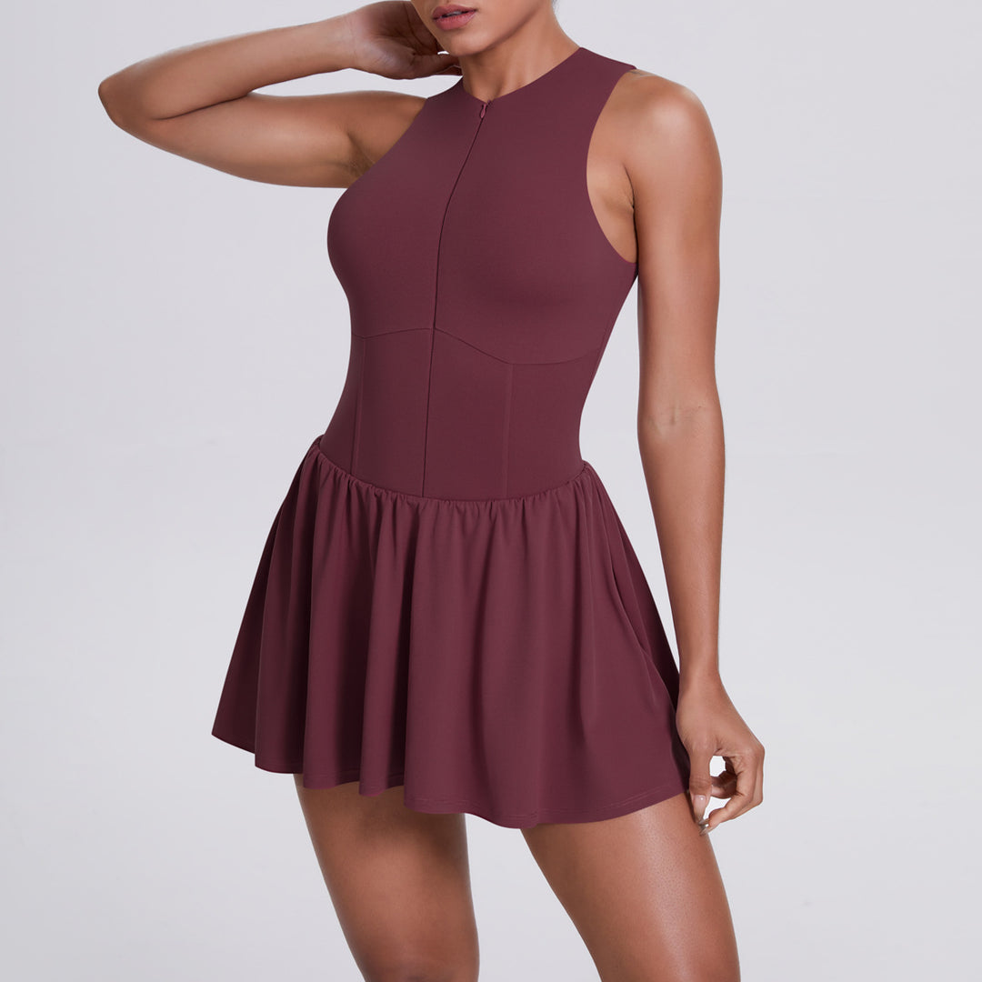 Cloud Sense Faux Two Pieces Zipped Stand Collar Dress Outdoor Running Anti Exposure Pocket Leggings Tennis Dress Women