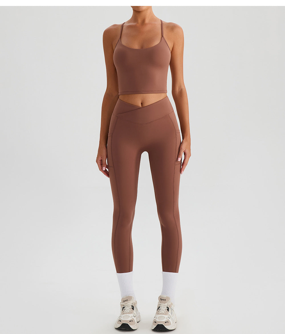 Summer High Waist Cross Yoga Trousers Nude Feel Quick Drying Fitness Outer Pocket Running Body Shaping Sports Trousers