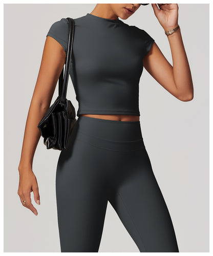 Sollinarry Exercise Yoga Clothes Women Brushed Tight Back Yoga Short Sleeve Running Workout T Shirt Top