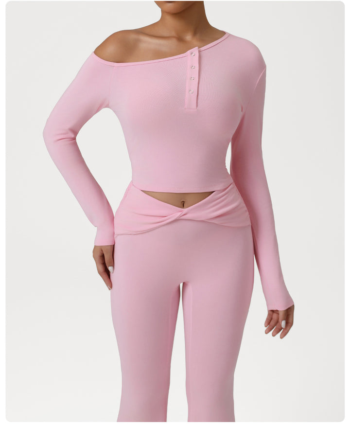 Autumn Oblique Shoulder Yoga Clothes Long Sleeved Top Women Cross High Waist Ruched Fitness Bootleg Pants Sports Set