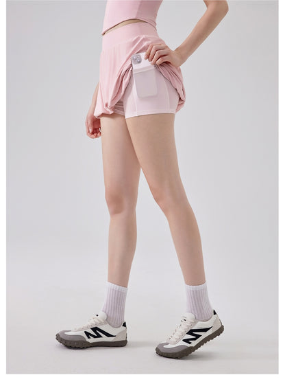 Nude Feel Girl Tennis Skirt High Waist Anti Exposure Bottom Breathable Pocket Puffy Running Sports Skirt