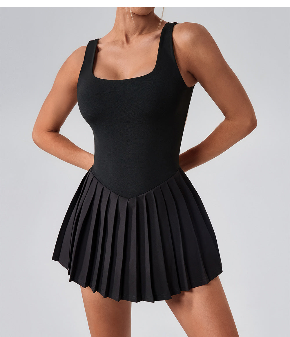 Sleeveless Sports Yoga Dress Fitness Faux Two Pieces Anti Wardrobe Malfunction Base Pockets Draped Dress Running Tennis Dress Women