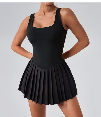 Sleeveless Sports Yoga Dress Fitness Faux Two Pieces Anti Wardrobe Malfunction Base Pockets Draped Dress Running Tennis Dress Women