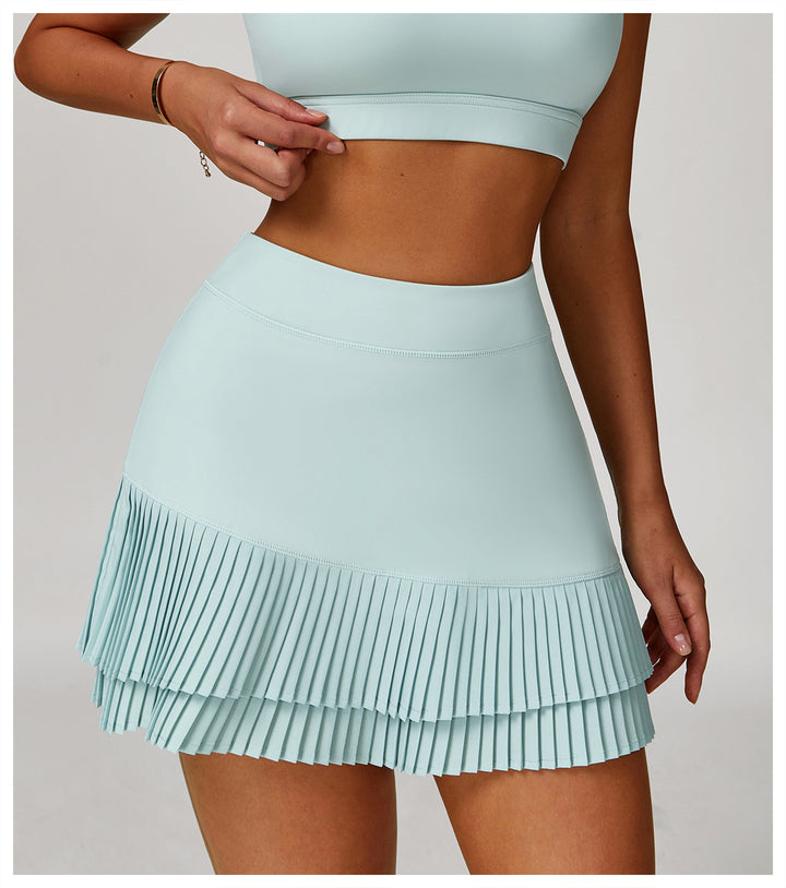 Sollinarry Sports Skirt Nude Feel High Waist Belly Wrap Pleated Skirt Anti Exposure Bottom Shorts Pocket Skirt