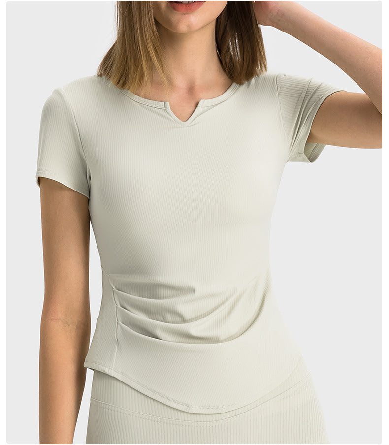 Stripe Rib Pleated Small V neck Sports Short Sleeve Women Fitness Running Slim Slimming Yoga Jacket