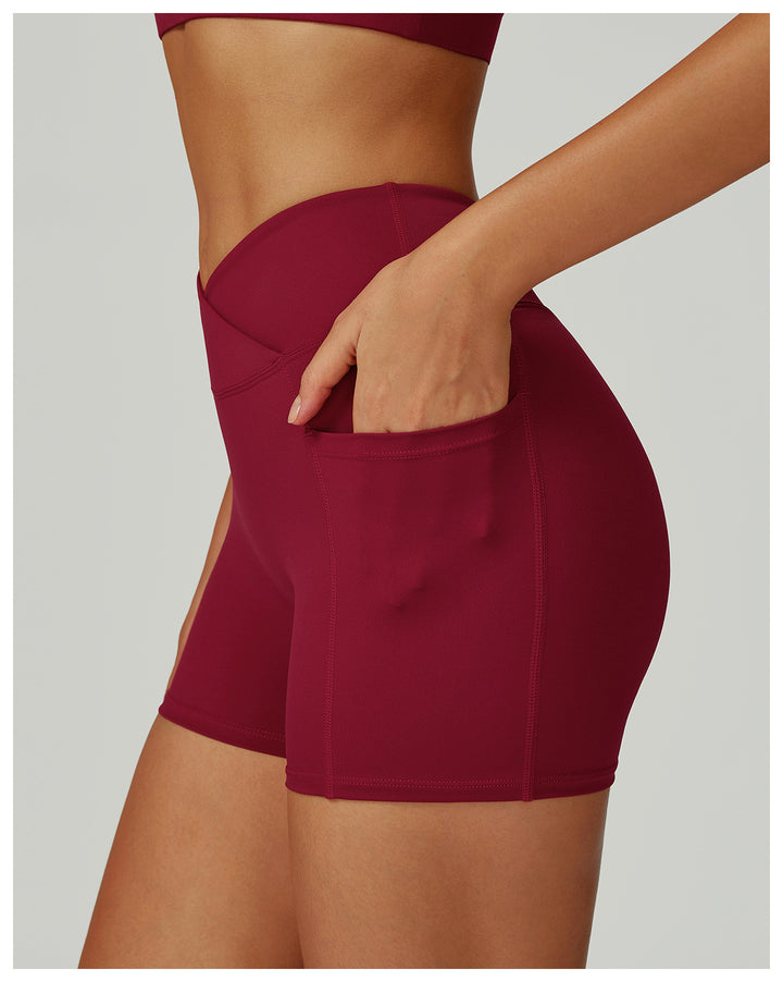Sollinarry Nude Feel High Waist Yoga Shorts Cross Waist Skinny Yoga Pants Outdoor Running Cycling Sports