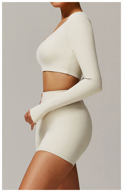 Sollinarry Tight Quick Drying Yoga Long Sleeved Women V neck Short Slimming Top Running Sports Fitness T shirt