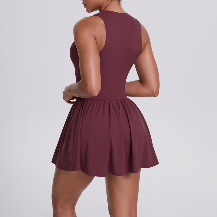 Cloud Sense Faux Two Pieces Zipped Stand Collar Dress Outdoor Running Anti Exposure Pocket Leggings Tennis Dress Women
