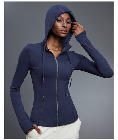 Yoga Jacket Women Slim Fit Slimming Hooded Cardigan Coat Running Sports Fitness Long Sleeved Upper Garment